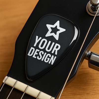 Etiqueta doming personalitzada en forma de pua sobre guitarra elèctrica, amb disseny brillant i en relleu