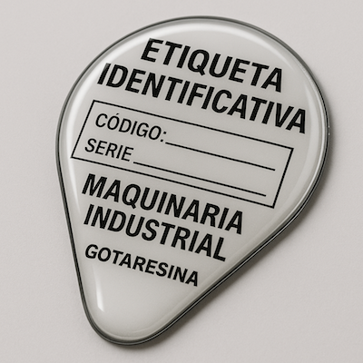 Etiqueta doming en forma de gota per a la identificació de maquinària industrial, amb acabat brillant i text en relleu