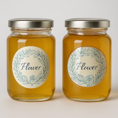 Comparació entre un adhesiu doming amb relleu i una etiqueta clàssica plana sobre un mateix producte.