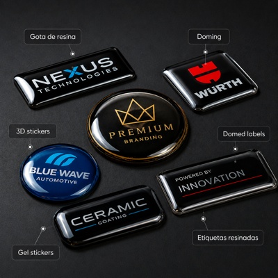 Diferents tipus d'adhesius gota de resina i etiquetes doming 3D