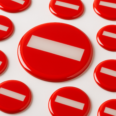 Adhesivos en resina 3D con símbolo de prohibición en rojo