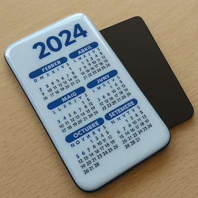 Calendario magnético 2024 con gota de resina sobre fondo de madera
