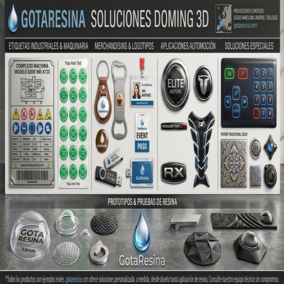 Gotaresina soluciones doming 3D - etiquetas industriales, merchandising con logotipos, aplicaciones automoción y prototipos de resina epoxi desde Barcelona