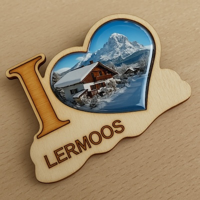 Imán de madera tipo I love Lermoos, con fotografía de paisaje nevado en el interior del corazón y acabado de resina brillante