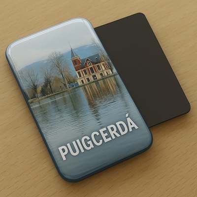 Imán de souvenir de Puigcerdà con acabado de resina, mostrando el lago y la villa, y la parte posterior magnética