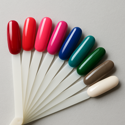 Muestrario de colores de uñas con doming cosmético, acabado brillante