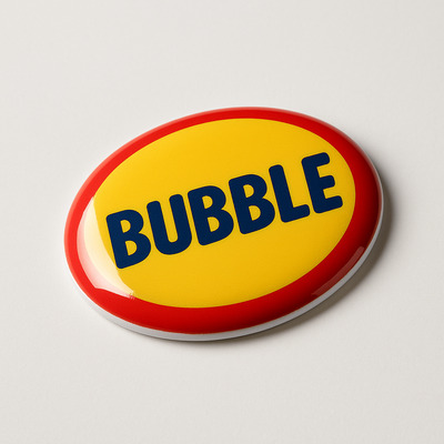 Pegatina burbuja transparente con efecto 3D brillante, sobre fondo blanco.