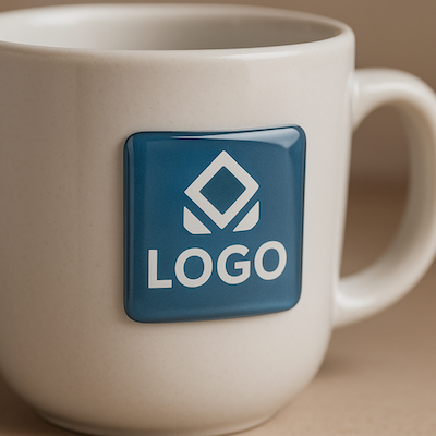 Etiqueta cuadrada con gota de resina 3D sobre taza de cerámica blanca