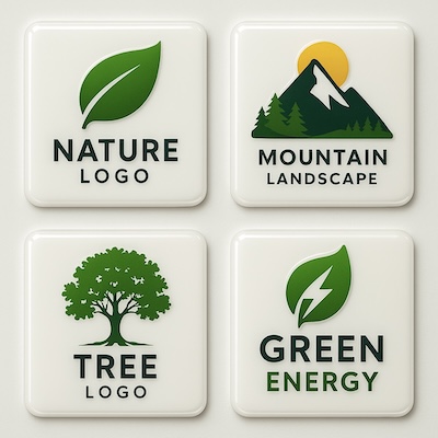 Pegatinas de resina con símbolos de naturaleza: hoja, montaña, árbol y energía verde