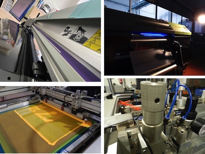 Proceso de fabricación industrial en Difasa con impresión digital, serigrafía, corte de precisión y aplicación de resina para etiquetas técnicas y emblemas doming.
