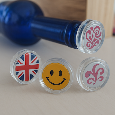 Tapones decorativos de resina con diferentes diseños (sonrisa, bandera, motivos florales)