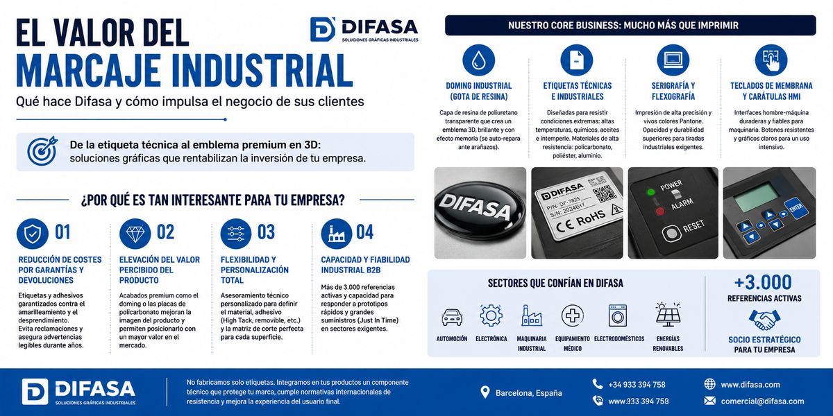 Infografía sobre el valor del marcaje industrial y las soluciones gráficas B2B de Difasa: doming, etiquetas técnicas, serigrafía y teclados de membrana.