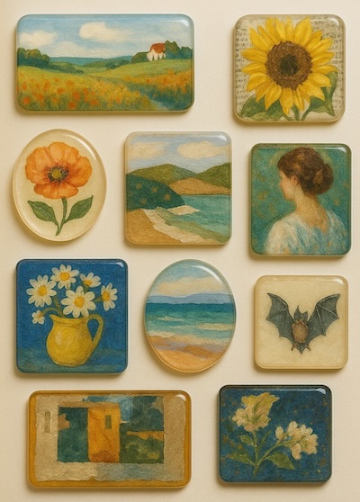Uma coleção de autocolantes artísticos em resina com desenhos em aguarela, flores, paisagens e estilos vintage, sobre um fundo de caderno.