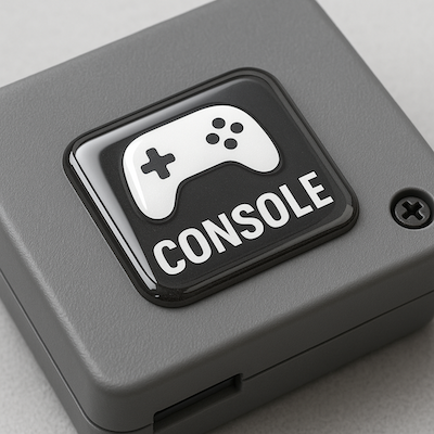 Autocolante doming 3D aplicado na carcaça de uma consola de videojogos