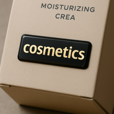 Etiqueta com gota de resina dourada sobre embalagem cosmética